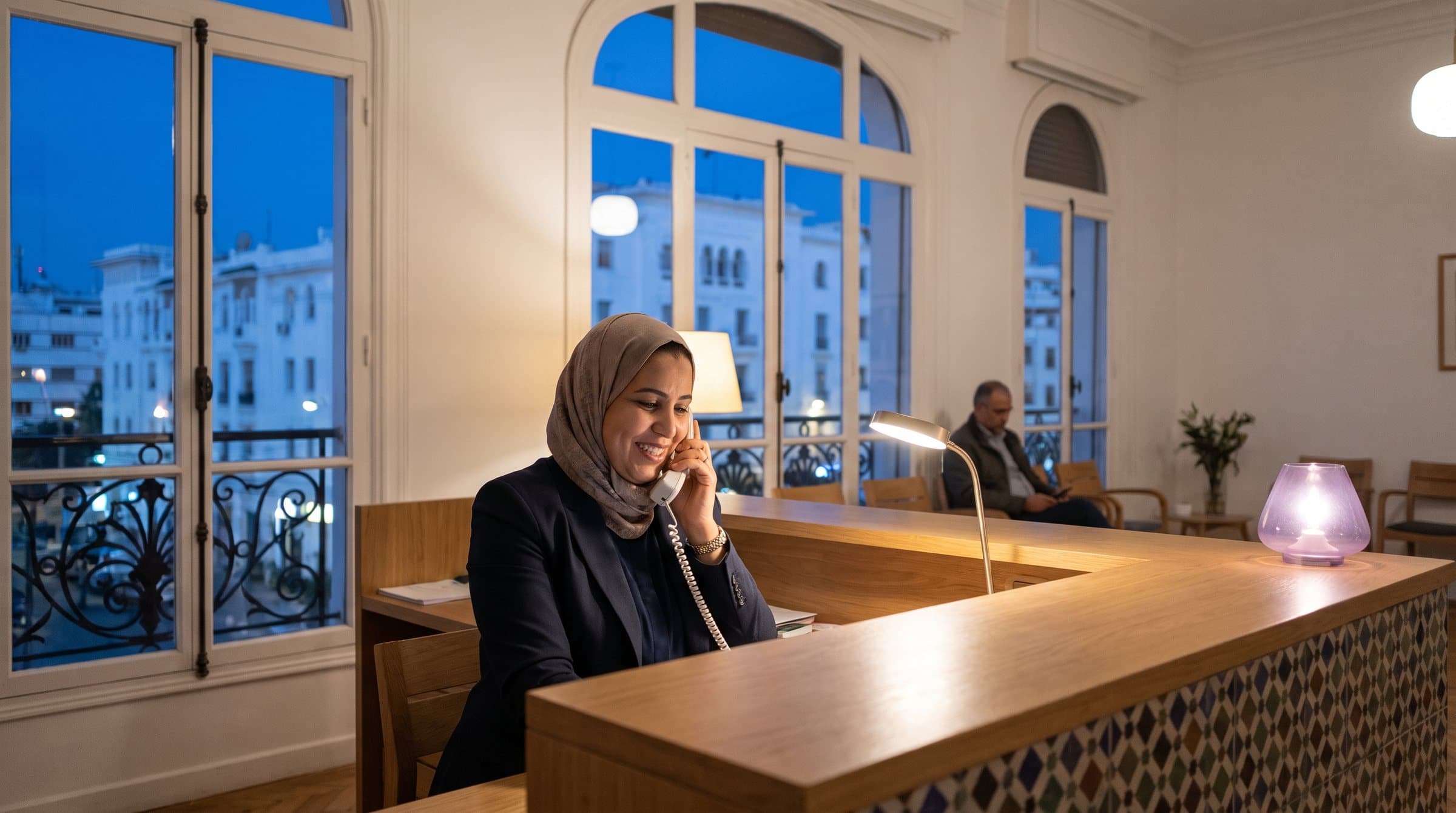 موظفة استقبال مغربية بسماعة خفيفة ترد على الهاتف في عيادة طبية داخل عمارة آرت ديكو بيضاء في الدار البيضاء، مع لمسات من الزليج وشرفة من الحديد المشغول عند الغسق